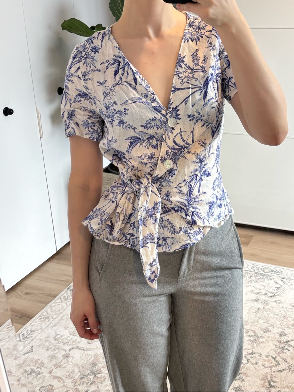 H&M Linen Floral Tie-Waist V-Neck Top in Blue and Cream
